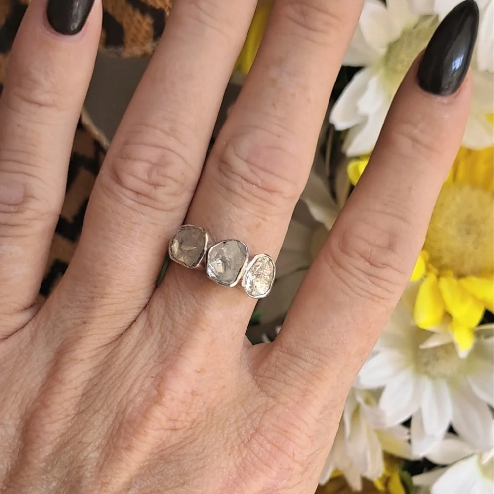 Natural Polki Diamond 3 Stone Ring In 925 Sterling Silver - Picture 3 of 5
